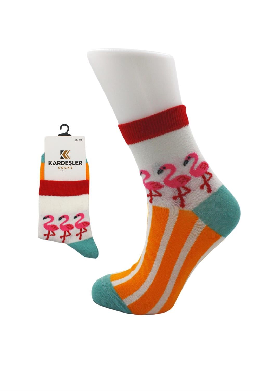 Image of Kadın Çok Renkli Yarım Konç Flamingo Desenli Pamuklu Çorap 6'Lı Paket