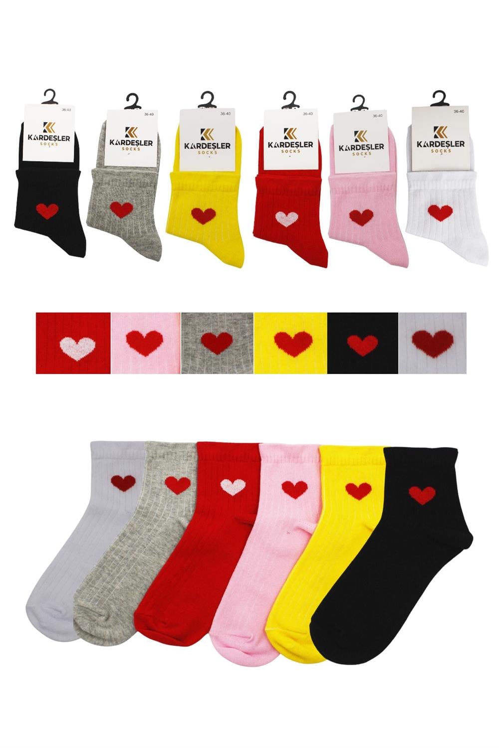 Image of Women's Colorful Half-Cuff Cotton Socks with Heart Pattern, 6-Pack