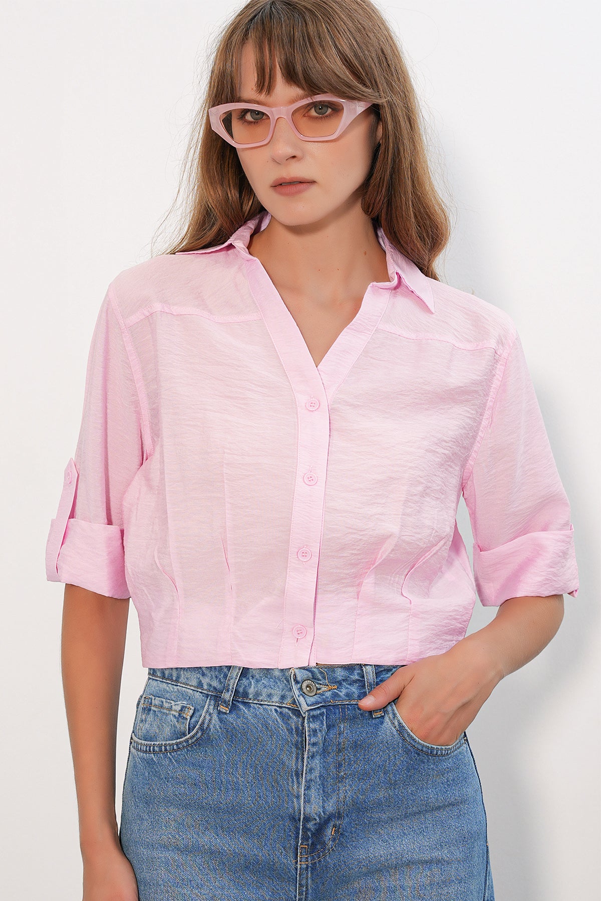 Image of Kadın Crop Oversize Gömlek 20390 - Pembe