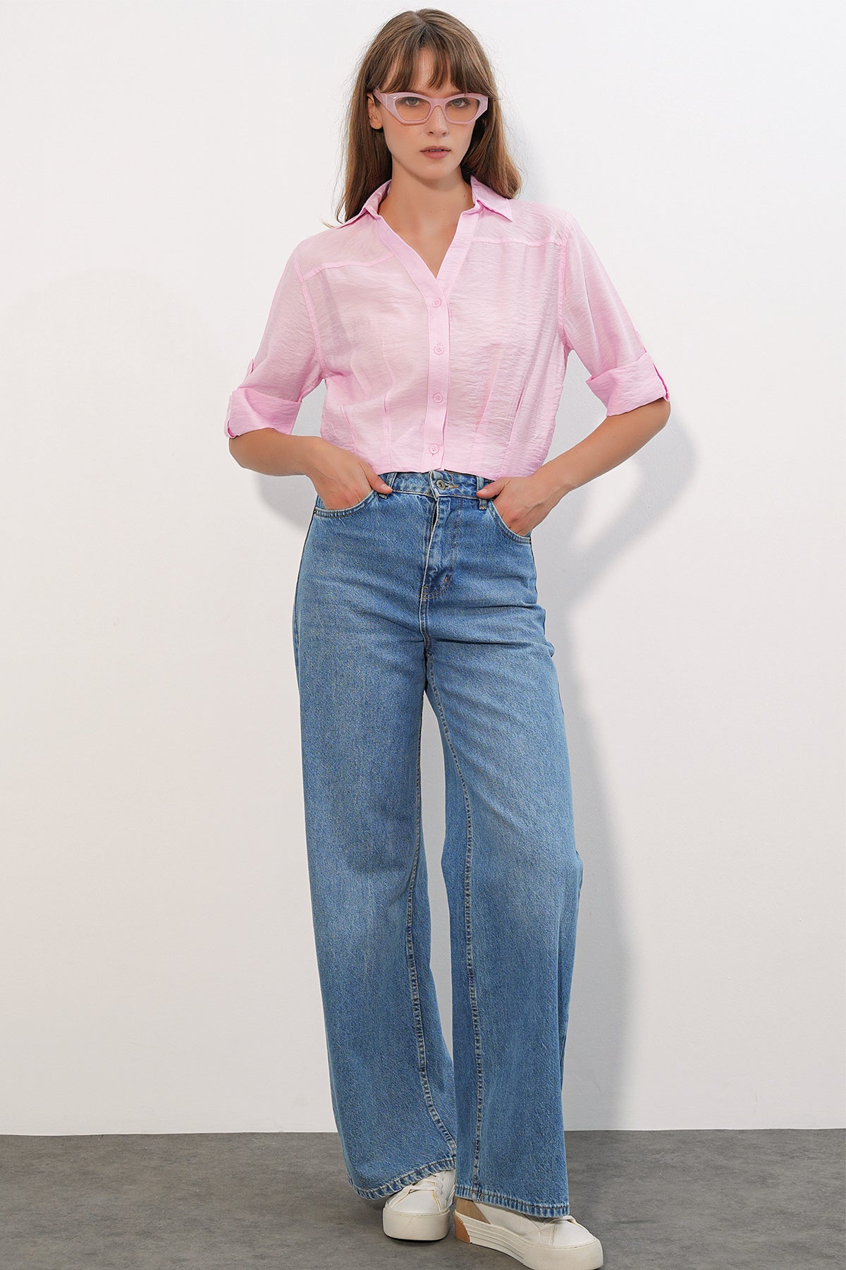 Image of Kadın Crop Oversize Gömlek 20390 - Pembe