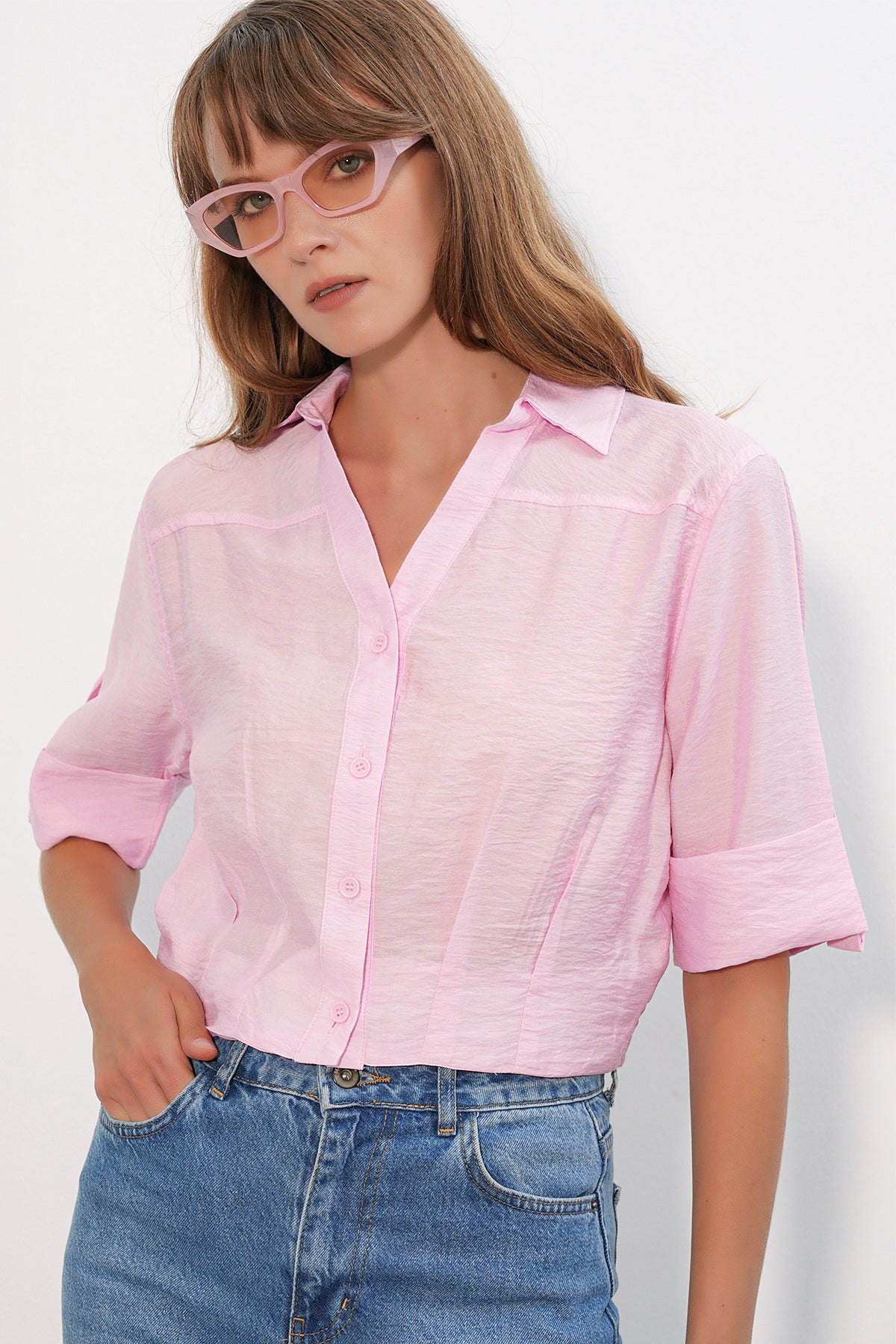 Image of Kadın Crop Oversize Gömlek 20390 - Pembe