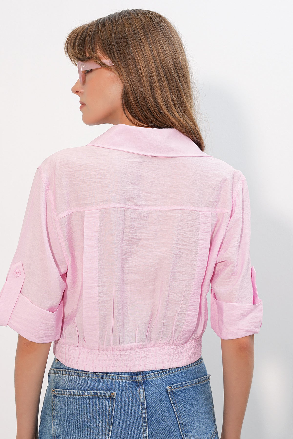 Image of Kadın Crop Oversize Gömlek 20390 - Pembe