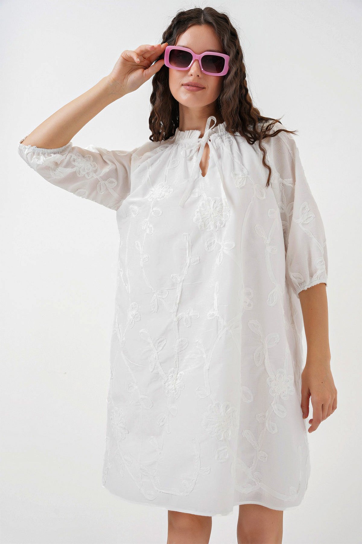 Image of Women's Patterned Short Dress 2528 - White