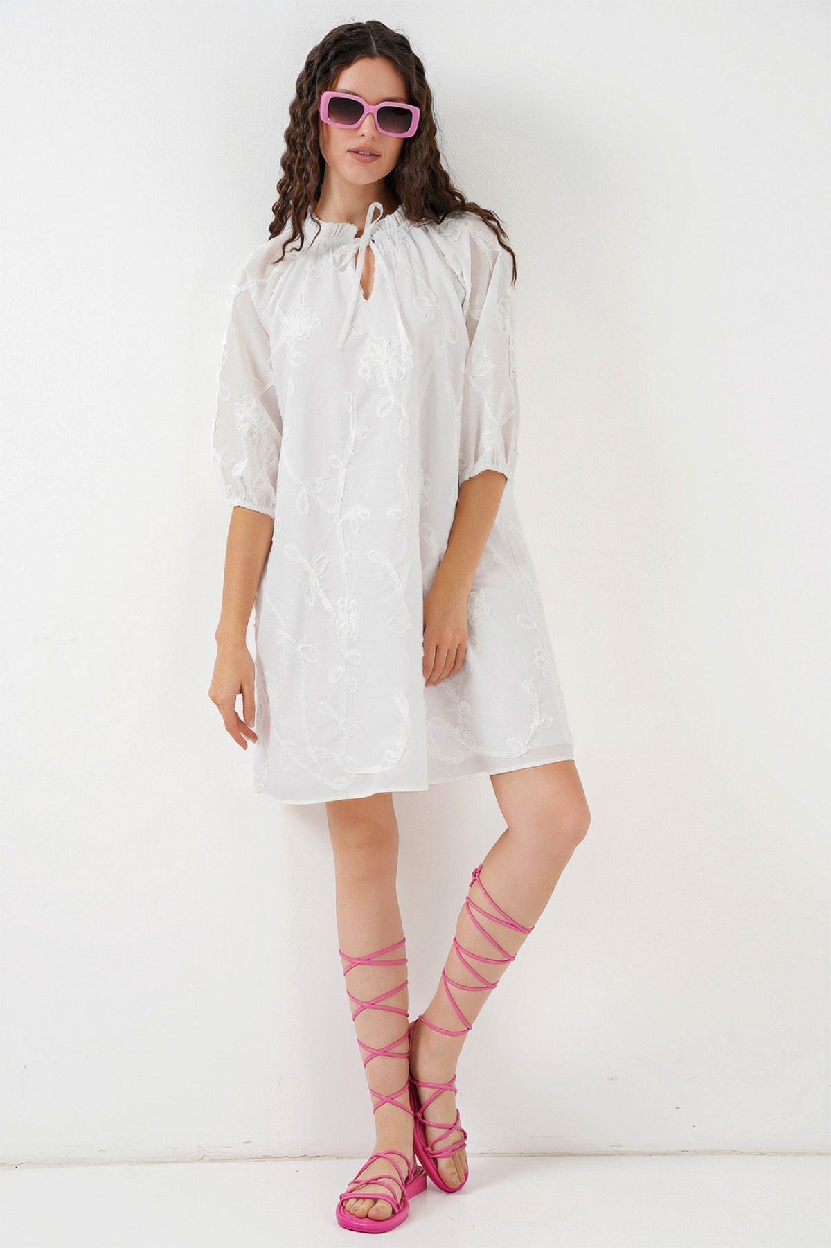 Image of Women's Patterned Short Dress 2528 - White