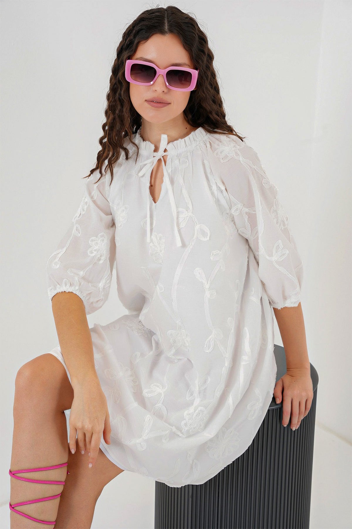 Image of Women's Patterned Short Dress 2528 - White