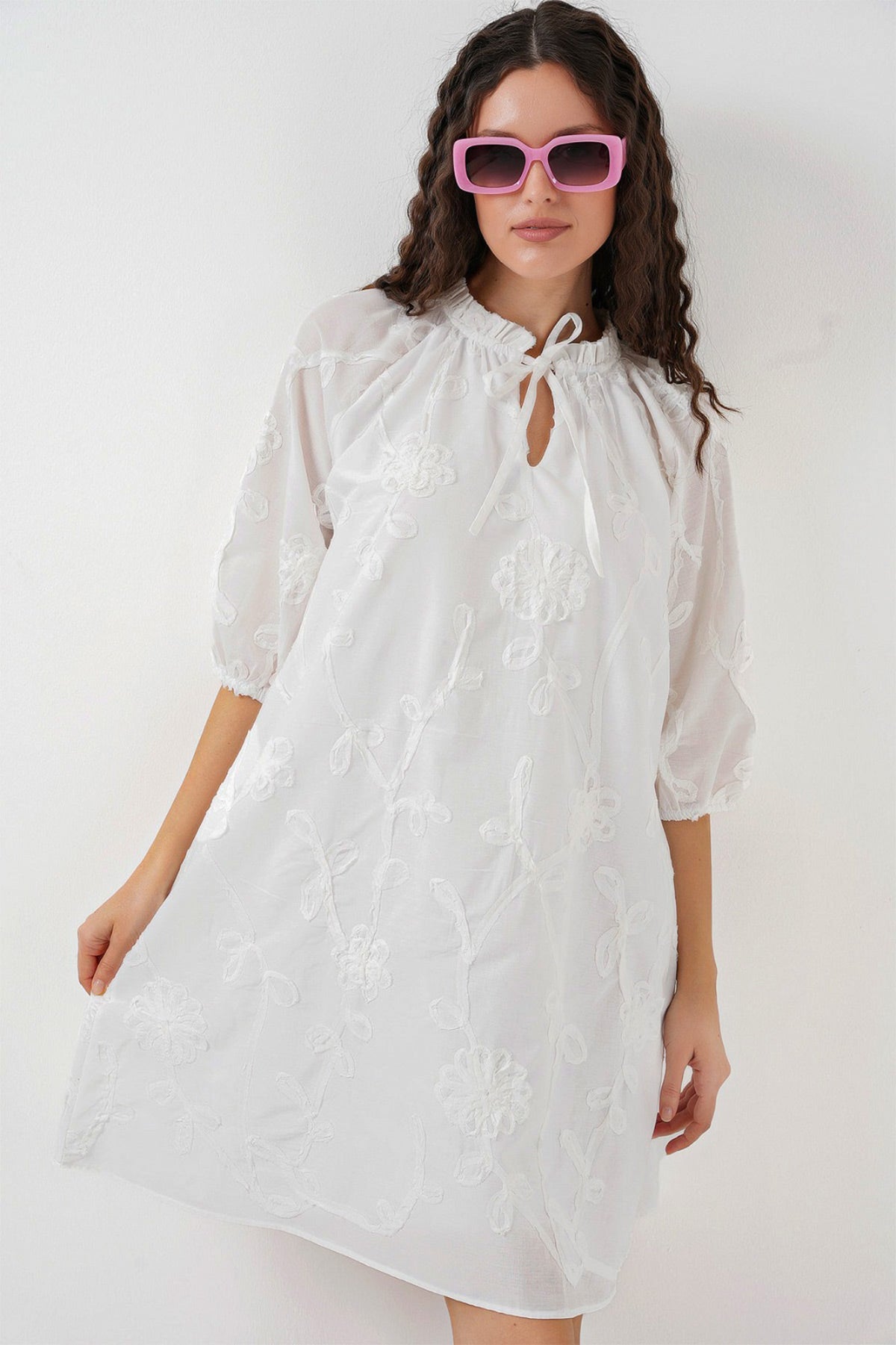 Image of Women's Patterned Short Dress 2528 - White