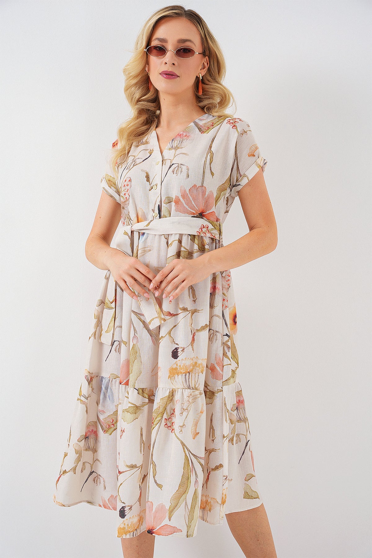 Image of Rochie cu mânecă scurtă cu imprimeu pentru femei 2558 - Crem
