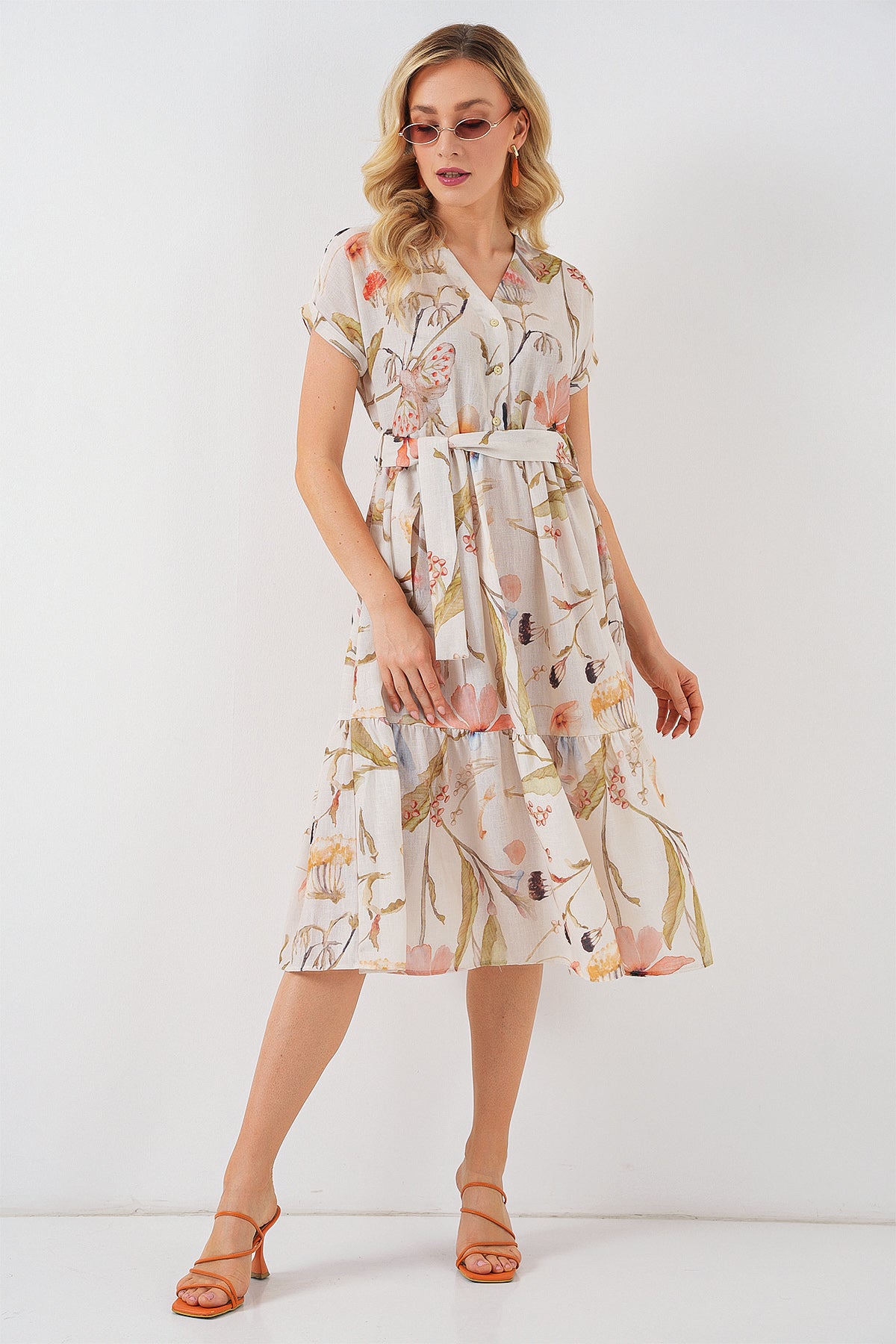 Image of Rochie cu mânecă scurtă cu imprimeu pentru femei 2558 - Crem