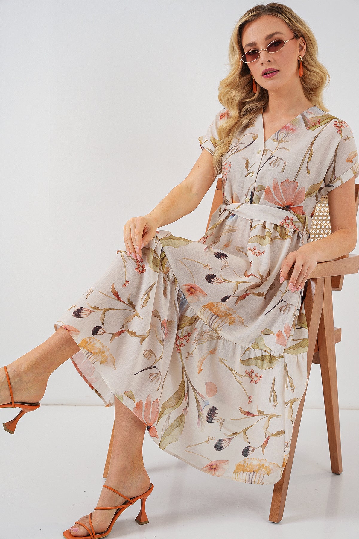 Image of Rochie cu mânecă scurtă cu imprimeu pentru femei 2558 - Crem