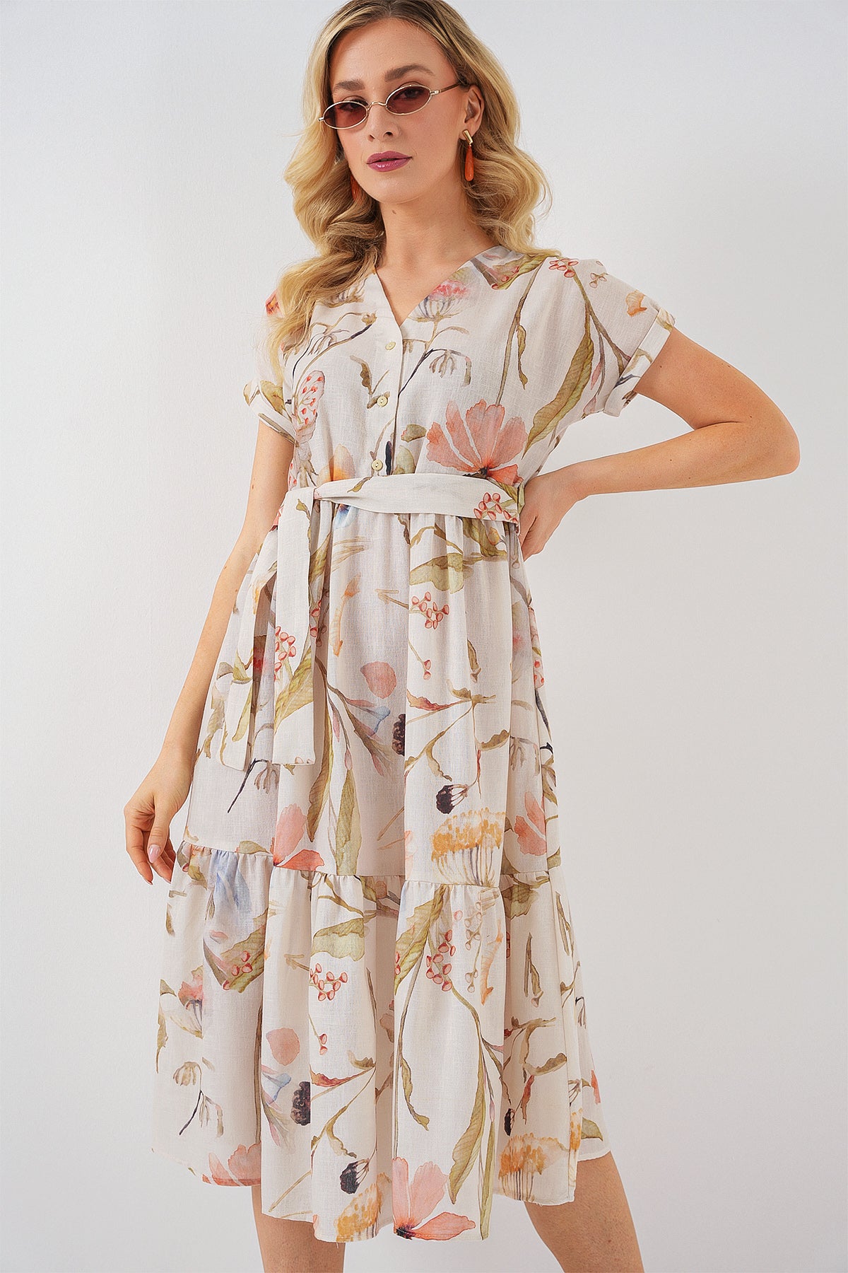 Image of Rochie cu mânecă scurtă cu imprimeu pentru femei 2558 - Crem
