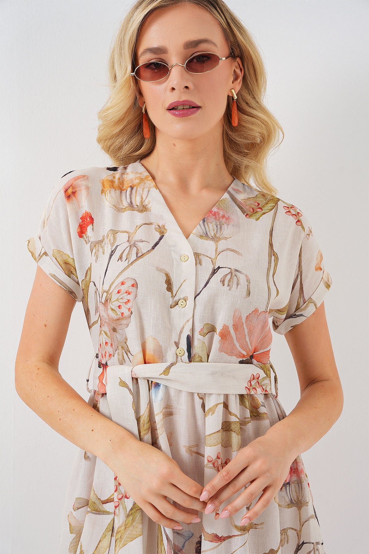 Image of Rochie cu mânecă scurtă cu imprimeu pentru femei 2558 - Crem