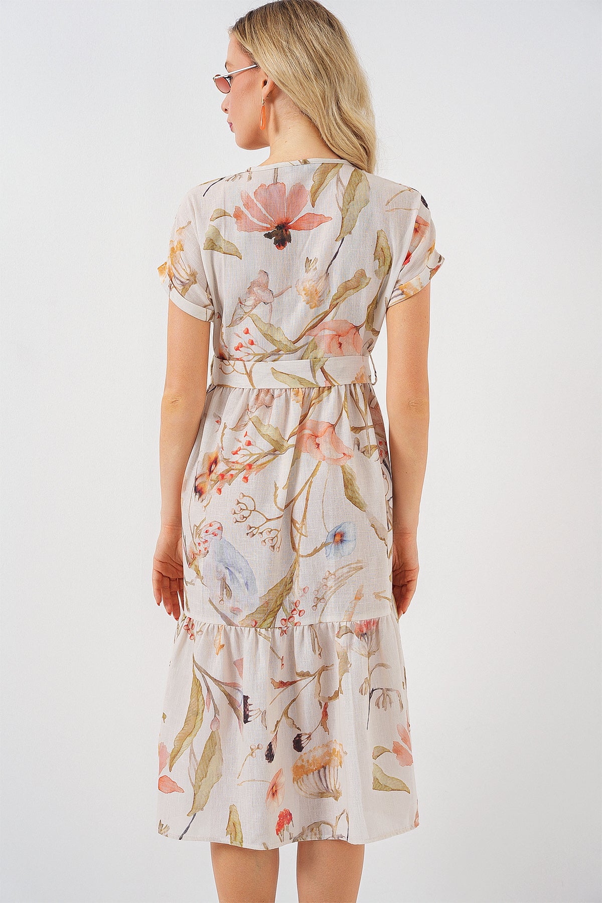 Image of Rochie cu mânecă scurtă cu imprimeu pentru femei 2558 - Crem