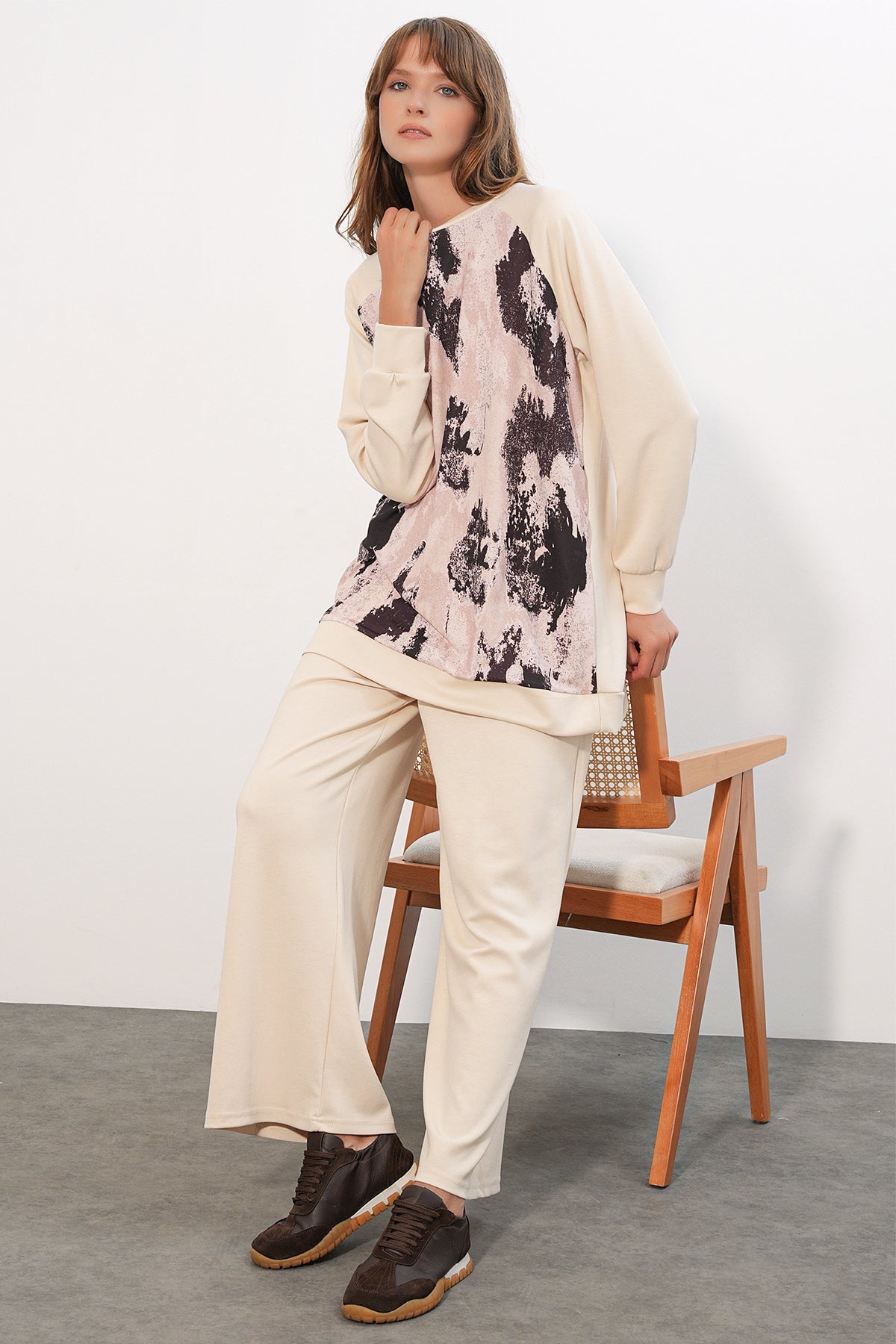 Image of Kadın Desenli Oversize Tunik Pantolon İkili Takım 55462 - Krem