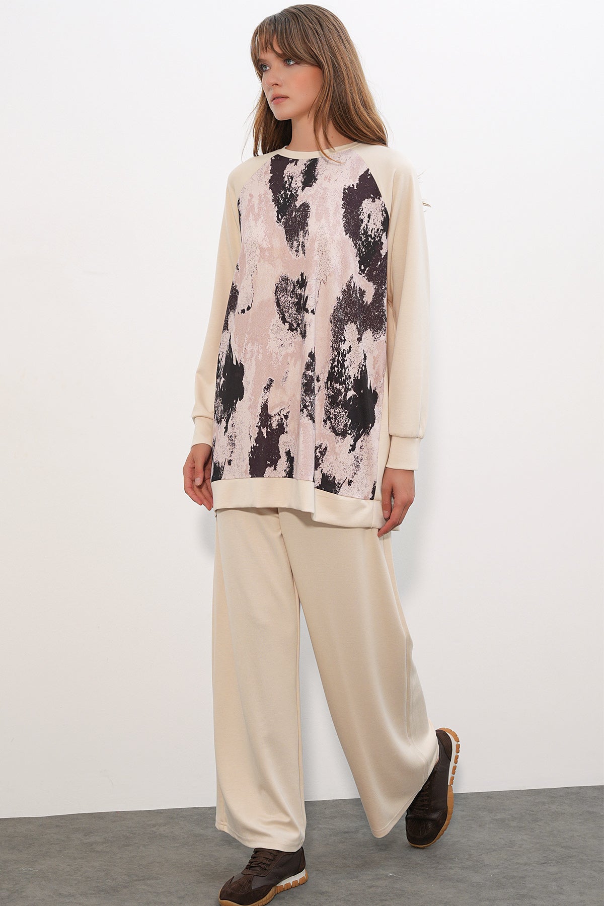 Image of Kadın Desenli Oversize Tunik Pantolon İkili Takım 55462 - Krem