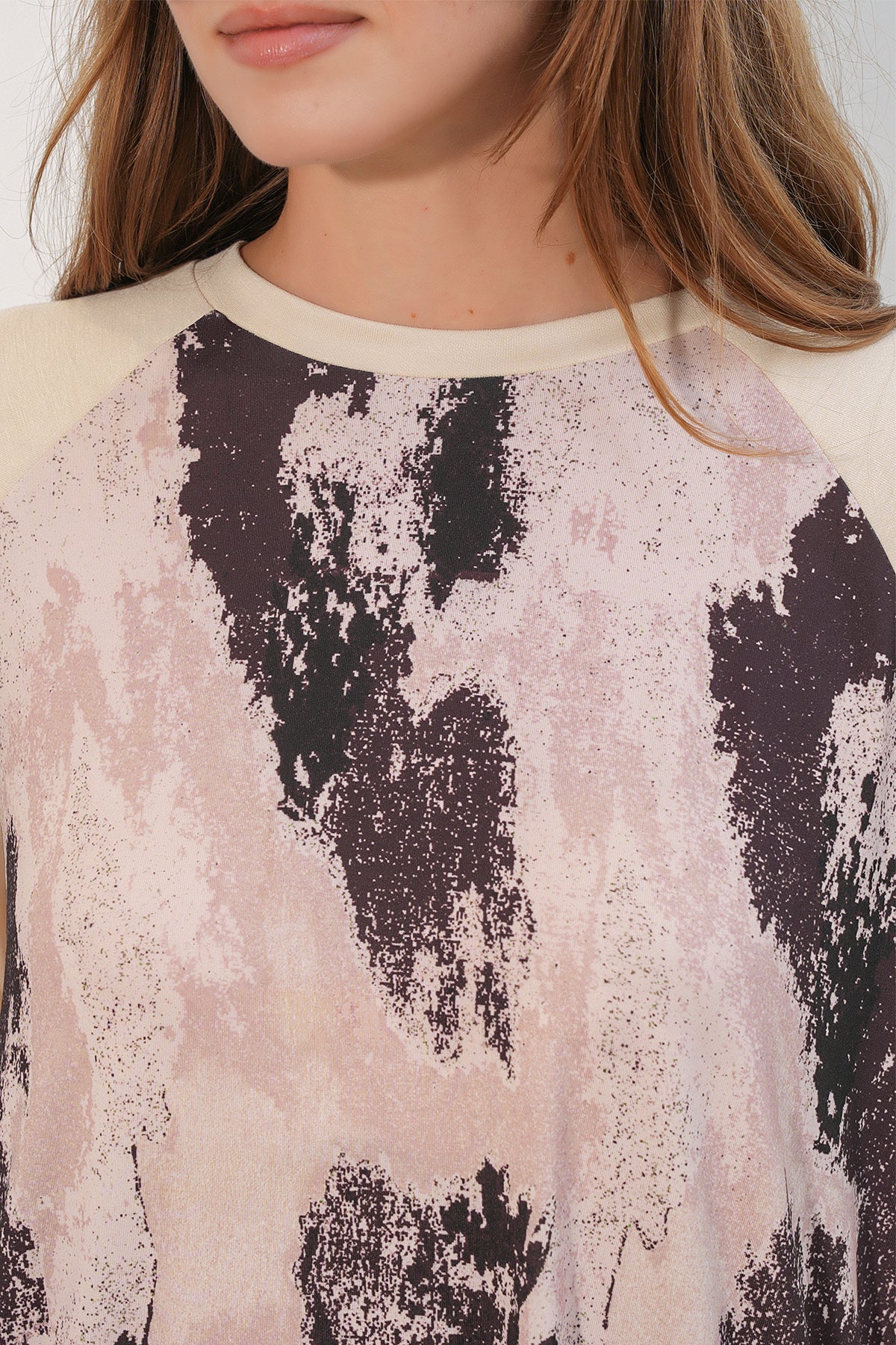 Image of Kadın Desenli Oversize Tunik Pantolon İkili Takım 55462 - Krem