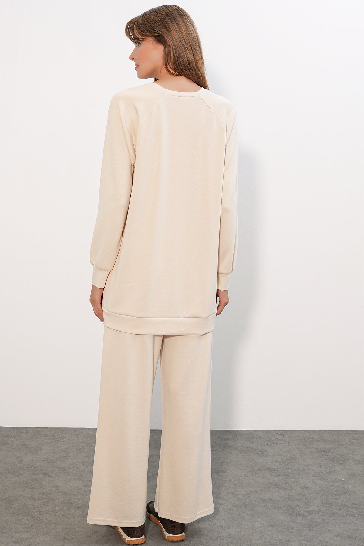 Image of Kadın Desenli Oversize Tunik Pantolon İkili Takım 55462 - Krem