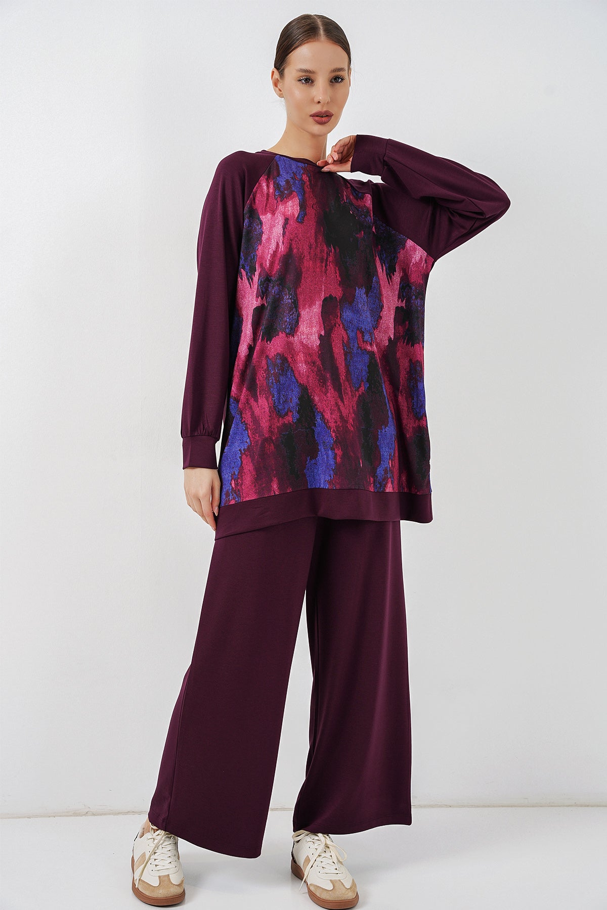 Image of Kadın Desenli Oversize Tunik Pantolon İkili Takım 55462 - Mor