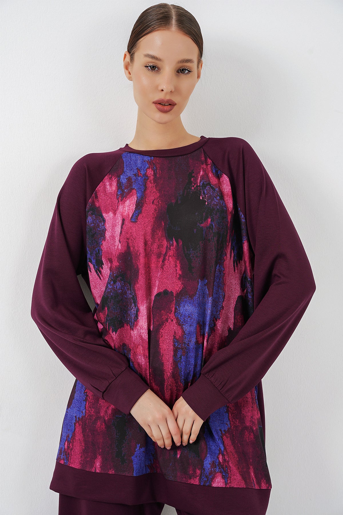 Image of Kadın Desenli Oversize Tunik Pantolon İkili Takım 55462 - Mor