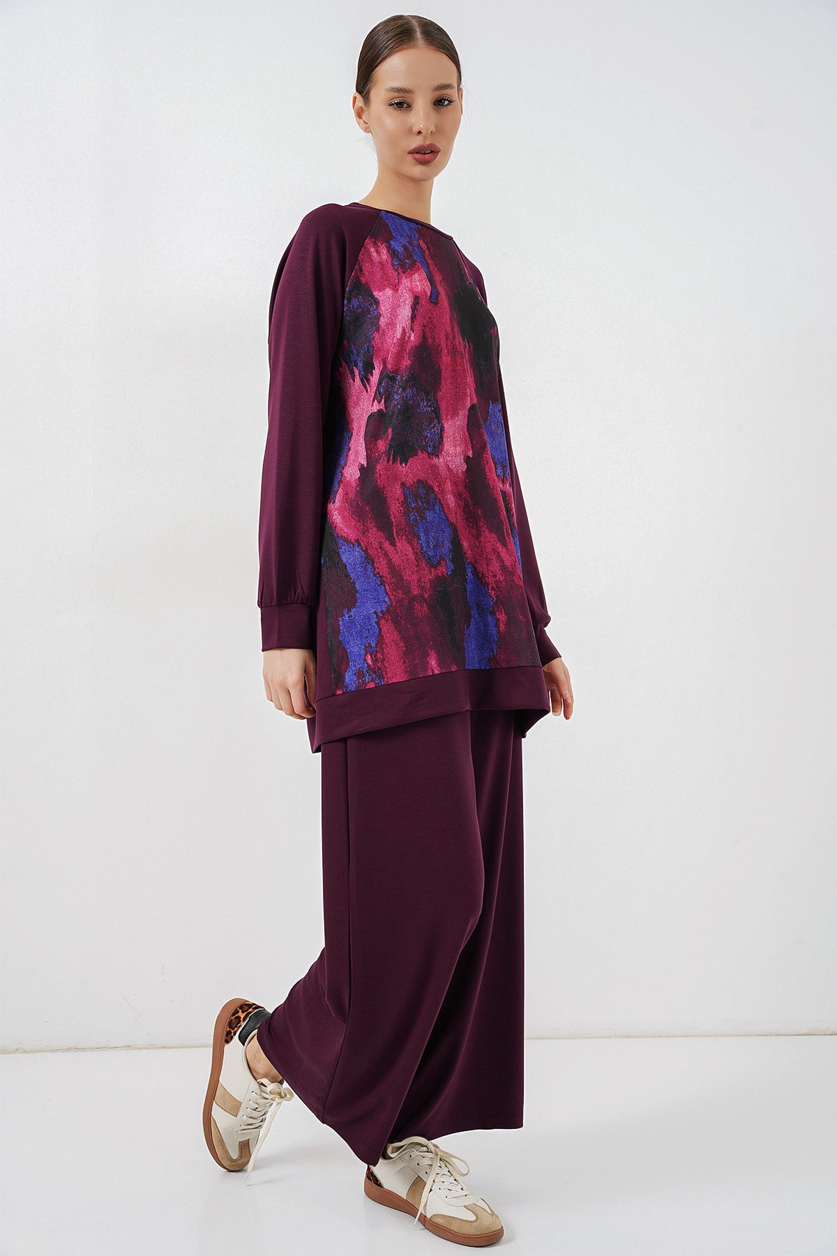 Image of Kadın Desenli Oversize Tunik Pantolon İkili Takım 55462 - Mor
