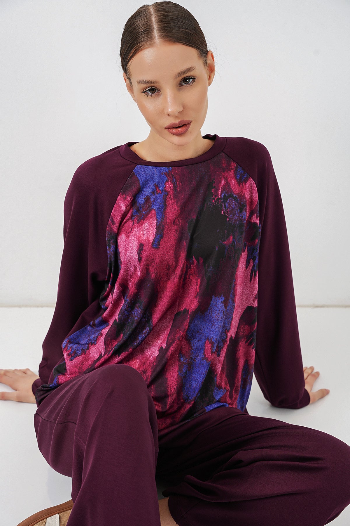 Image of Kadın Desenli Oversize Tunik Pantolon İkili Takım 55462 - Mor