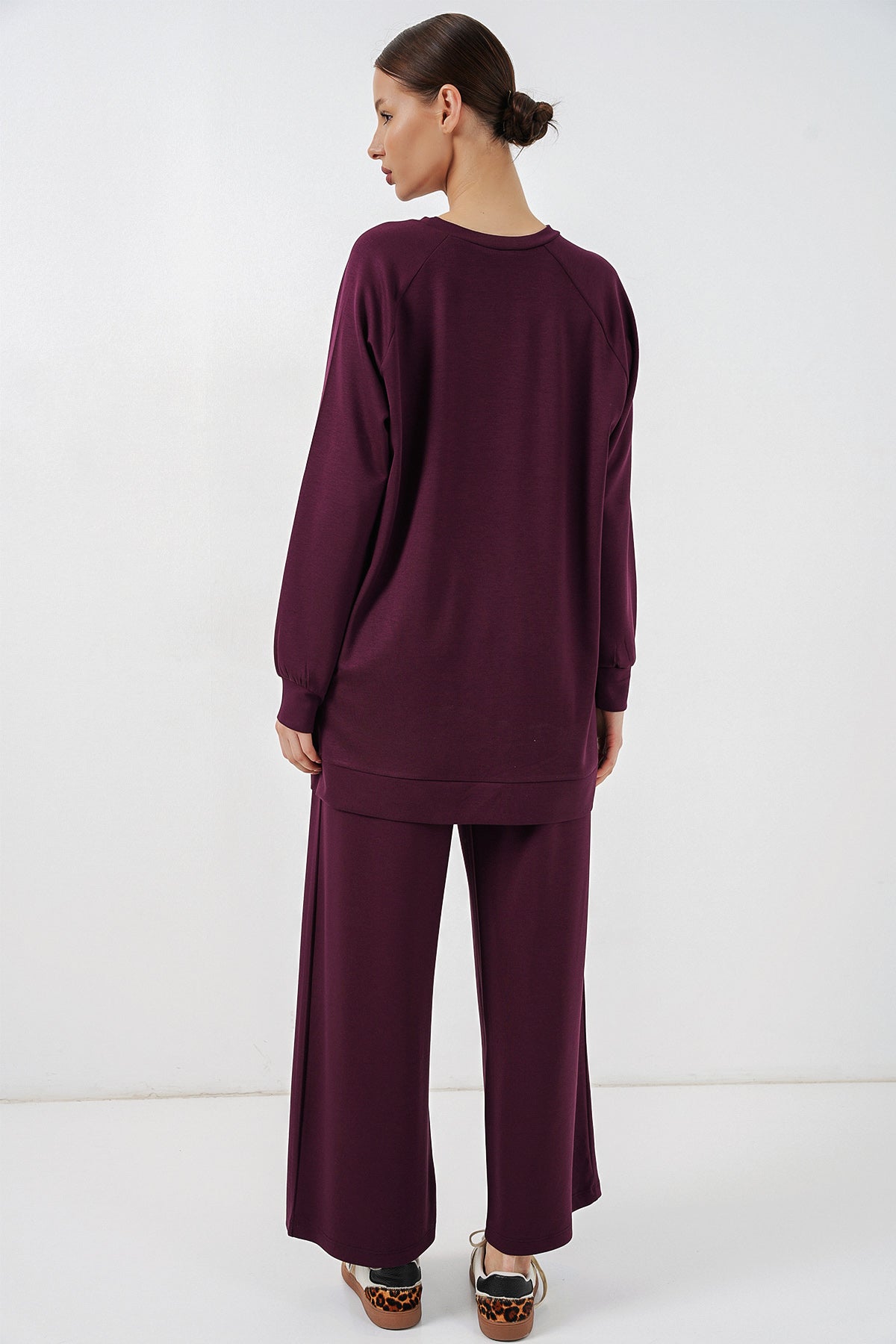 Image of Kadın Desenli Oversize Tunik Pantolon İkili Takım 55462 - Mor