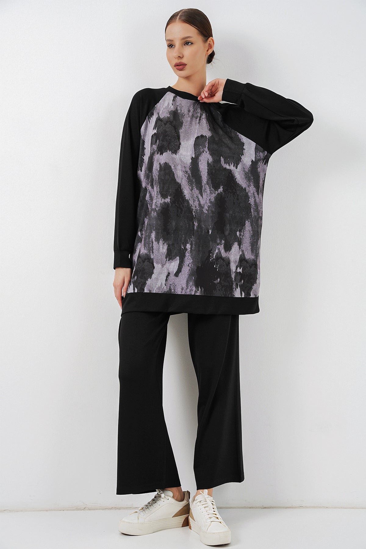 Image of Kadın Desenli Oversize Tunik Pantolon İkili Takım 55462 - Siyah
