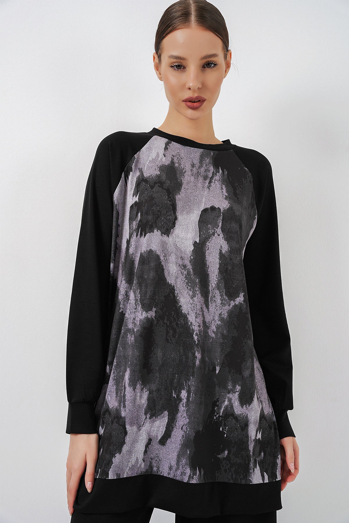 Image of Kadın Desenli Oversize Tunik Pantolon İkili Takım 55462 - Siyah