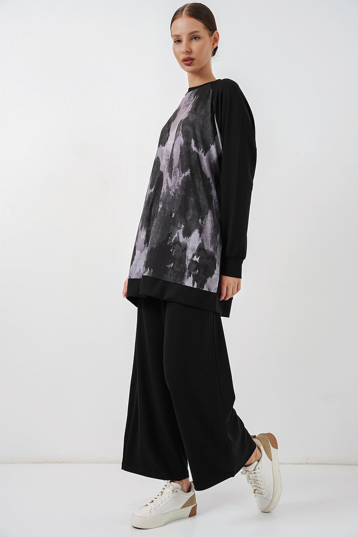 Image of Kadın Desenli Oversize Tunik Pantolon İkili Takım 55462 - Siyah