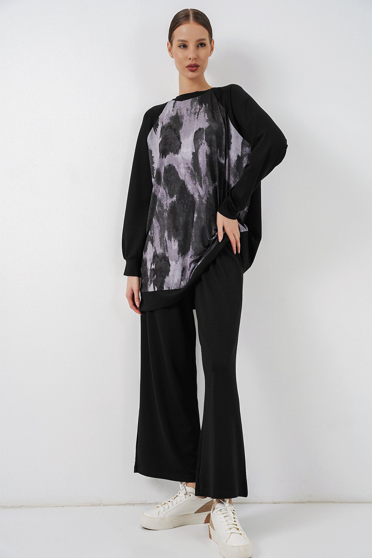 Image of Kadın Desenli Oversize Tunik Pantolon İkili Takım 55462 - Siyah