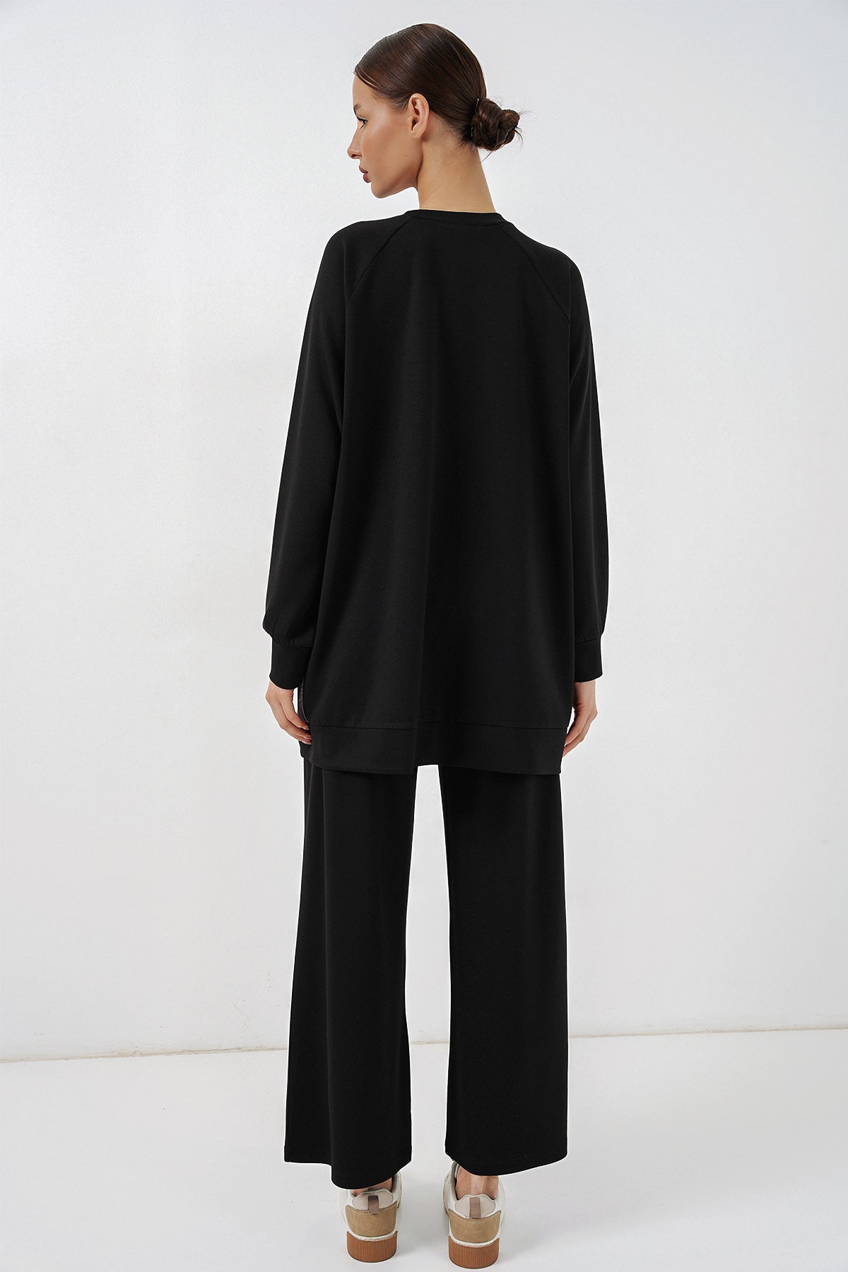 Image of Kadın Desenli Oversize Tunik Pantolon İkili Takım 55462 - Siyah