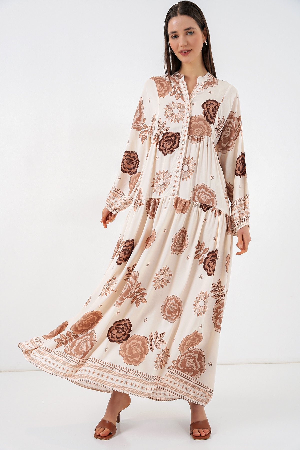 Image of Rochie lungă hijab cu imprimeu pentru femei 2585 - A.Bej