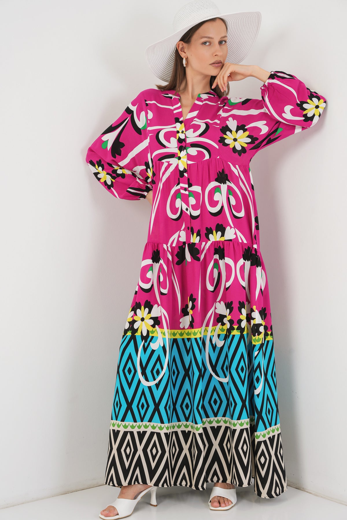 Image of Women's Patterned Long Hijab Dress 2585 - A.Fuchsia