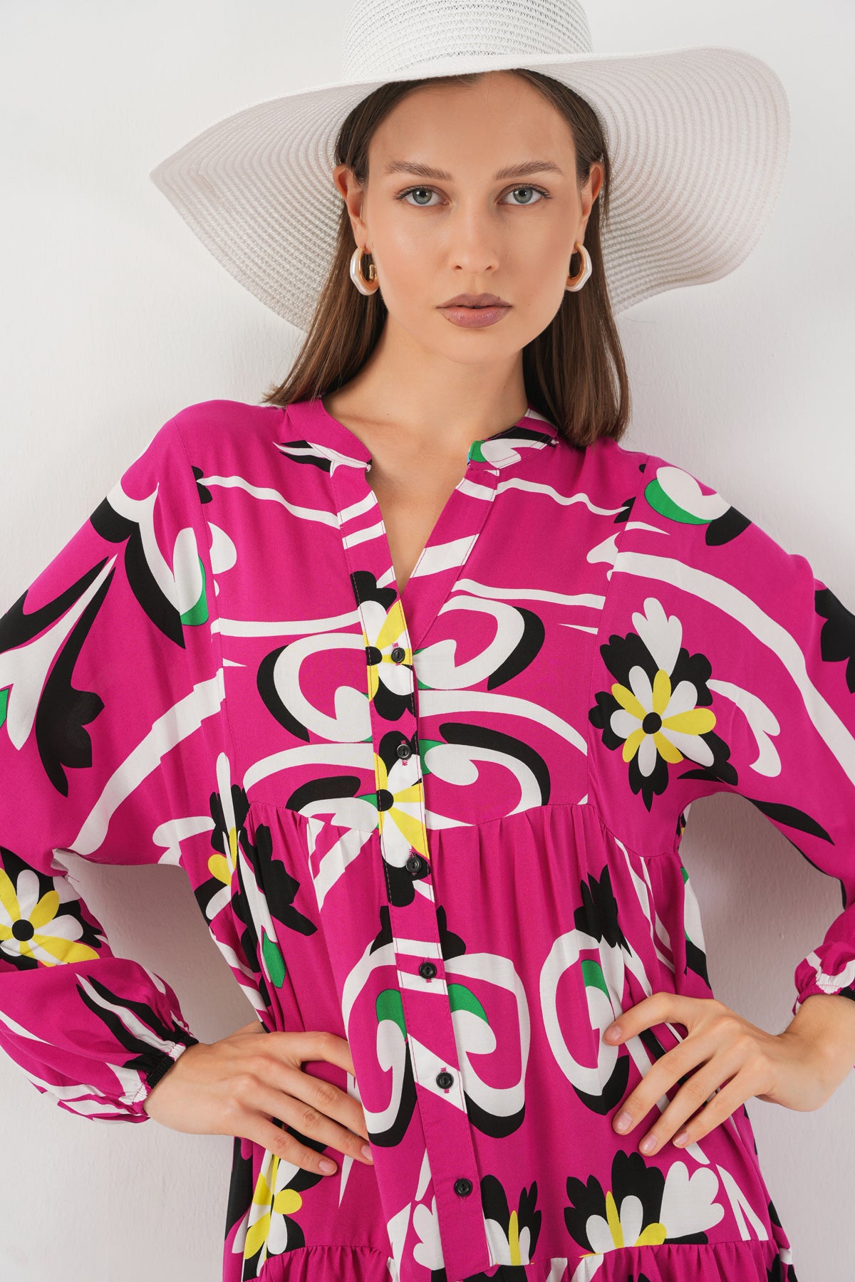 Image of Women's Patterned Long Hijab Dress 2585 - A.Fuchsia