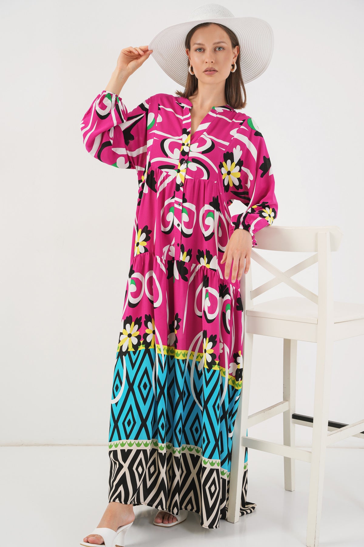 Image of Women's Patterned Long Hijab Dress 2585 - A.Fuchsia