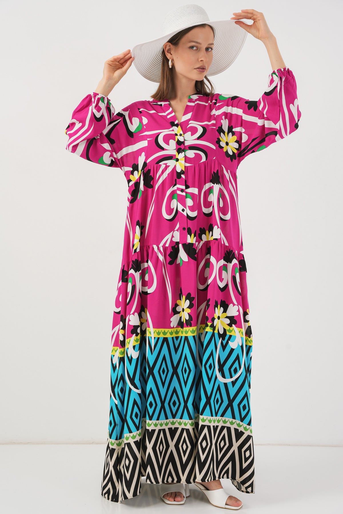 Image of Women's Patterned Long Hijab Dress 2585 - A.Fuchsia