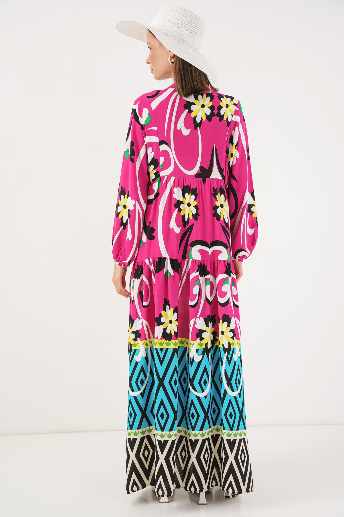 Image of Women's Patterned Long Hijab Dress 2585 - A.Fuchsia
