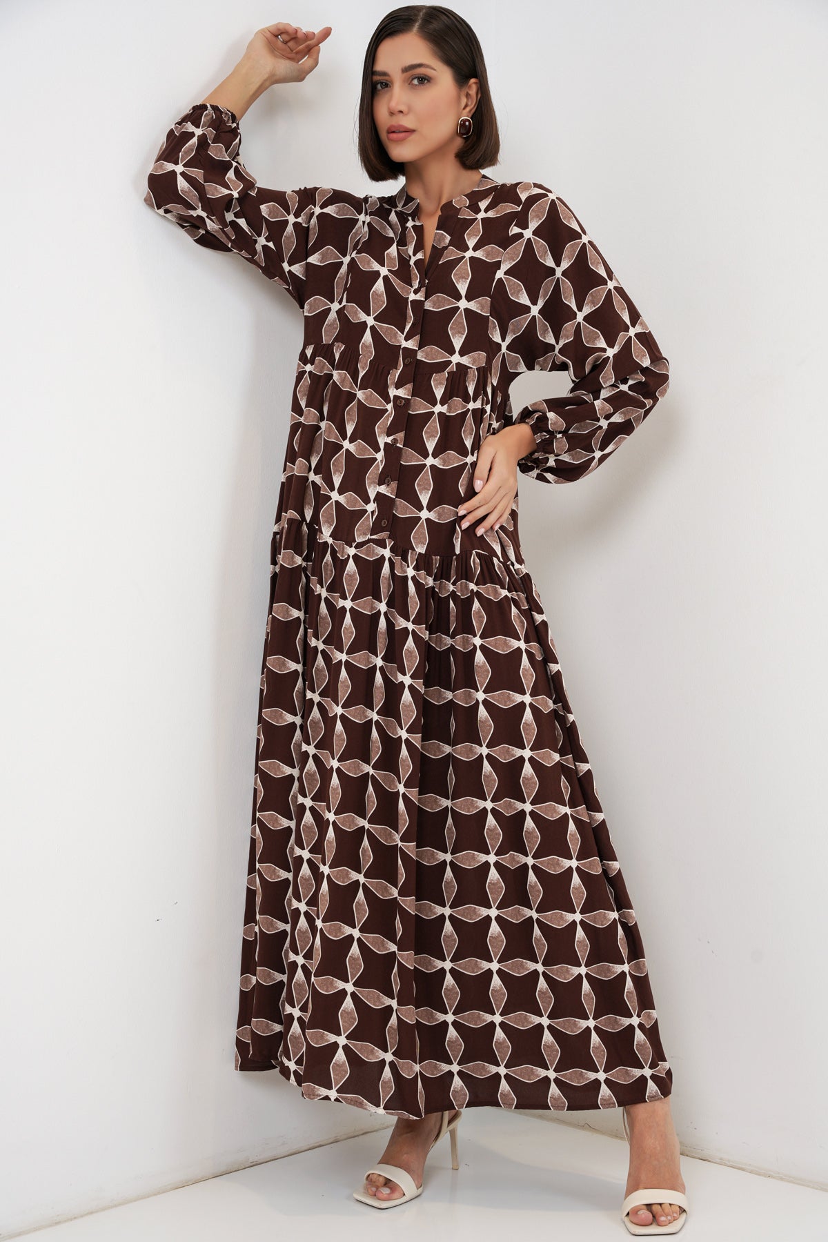 Image of Women's Patterned Long Hijab Dress 2585 - Dark Brown