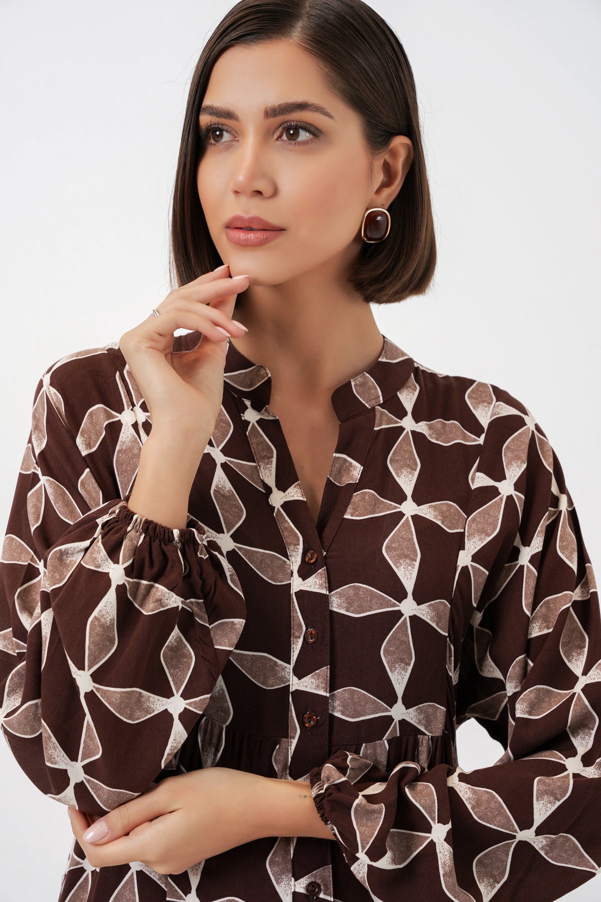 Image of Women's Patterned Long Hijab Dress 2585 - Dark Brown