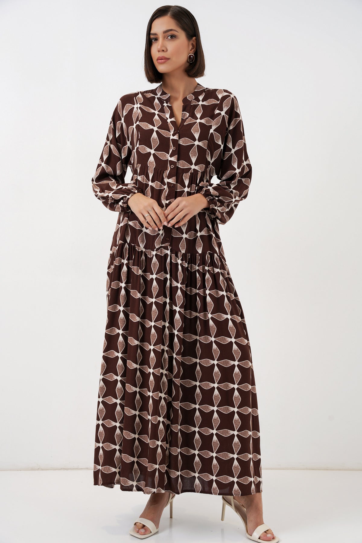 Image of Women's Patterned Long Hijab Dress 2585 - Dark Brown