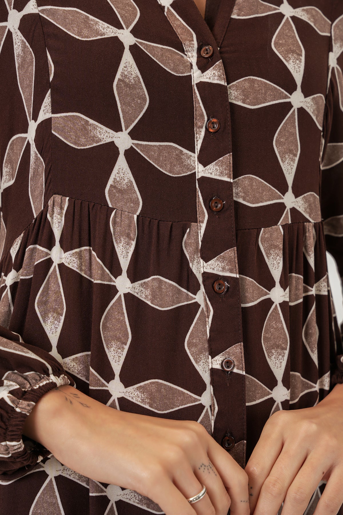Image of Women's Patterned Long Hijab Dress 2585 - Dark Brown