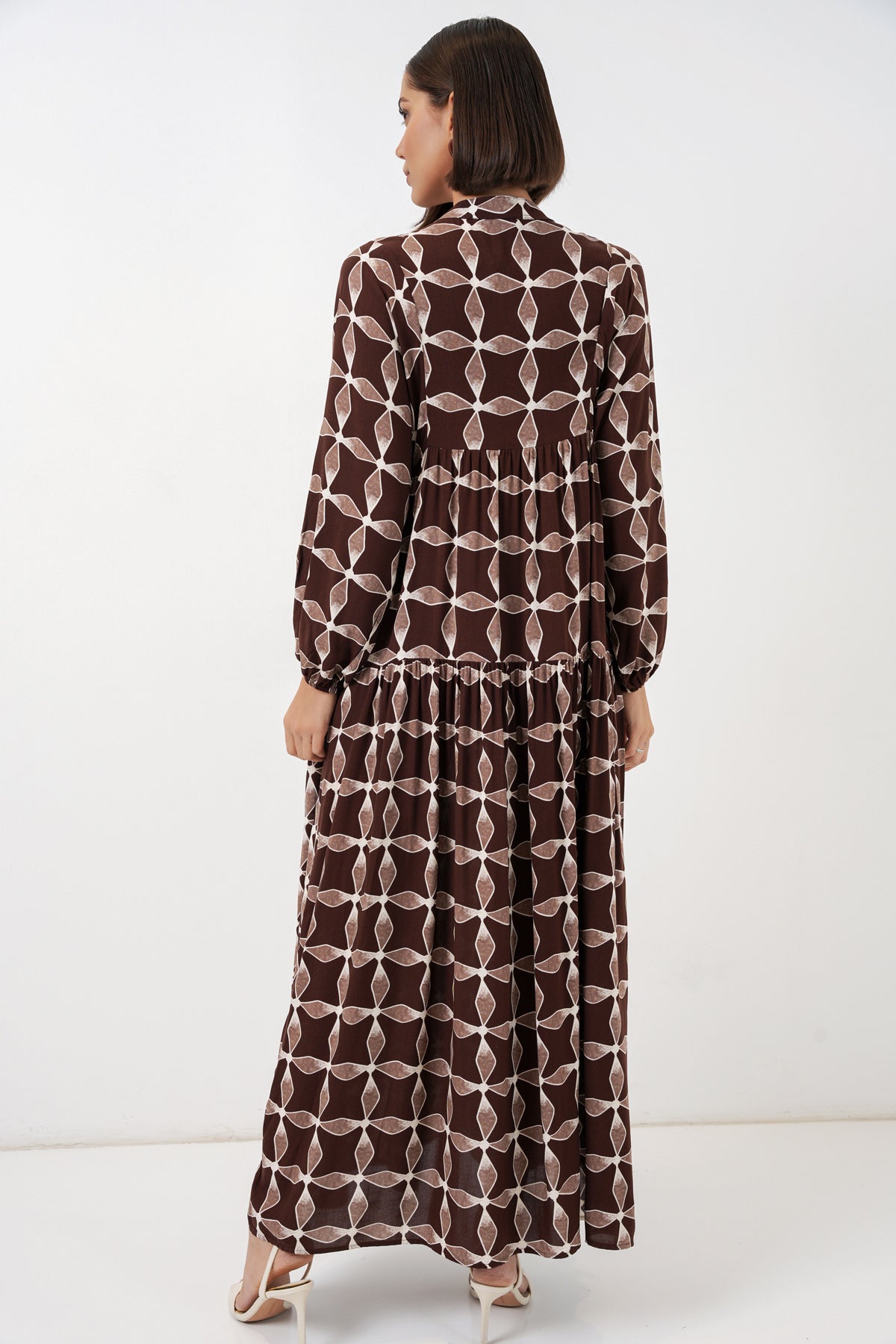 Image of Women's Patterned Long Hijab Dress 2585 - Dark Brown