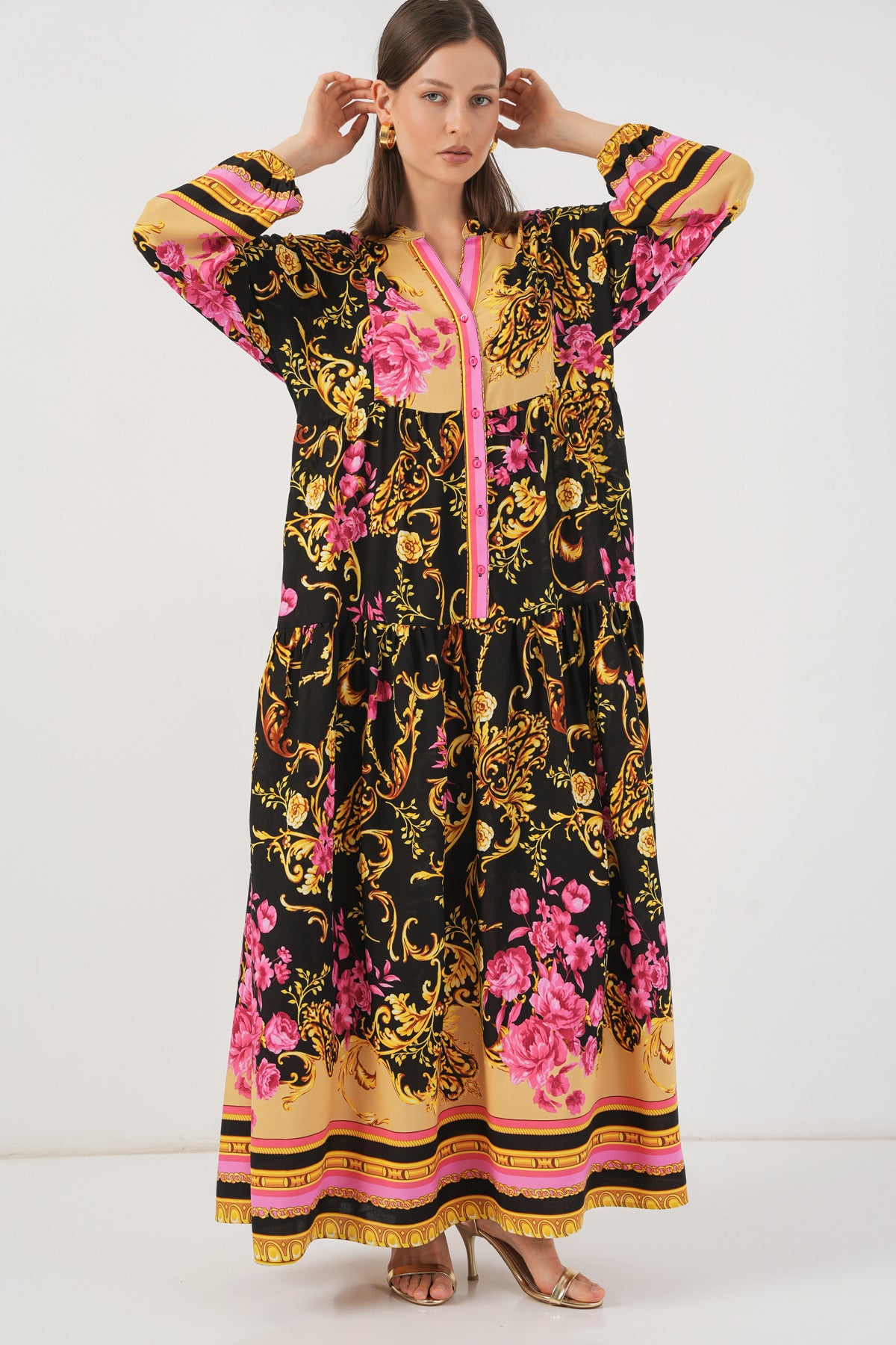 Image of Rochie lungă hijab cu imprimeu pentru femei 2585 - B.Galben