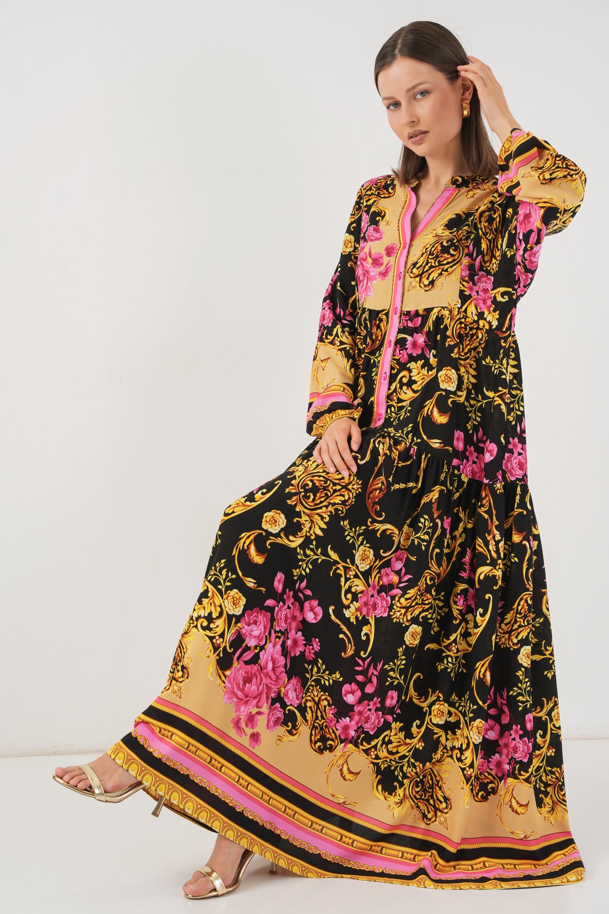 Image of Rochie lungă hijab cu imprimeu pentru femei 2585 - B.Galben