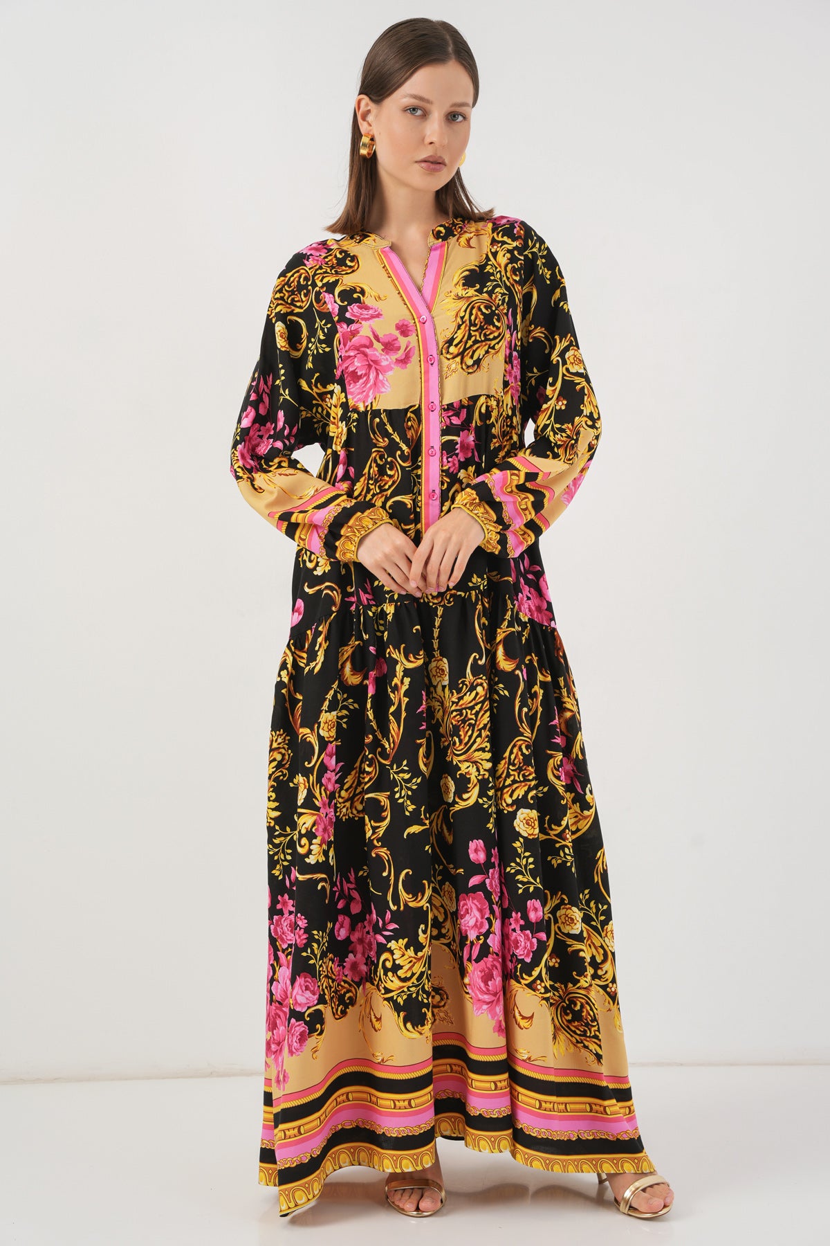 Image of Rochie lungă hijab cu imprimeu pentru femei 2585 - B.Galben