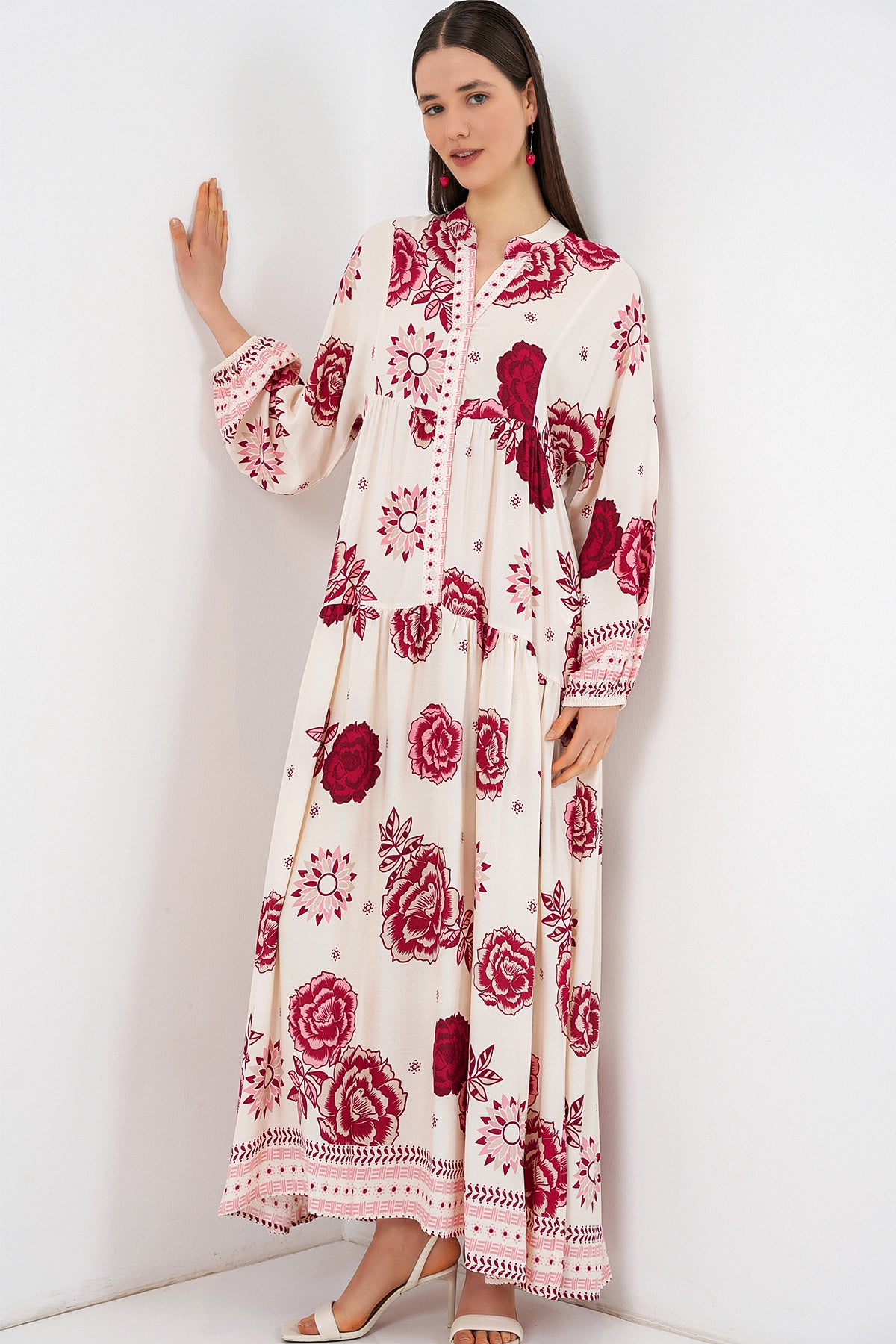 Image of Rochie lungă hijab cu imprimeu pentru femei 2585 - Vișinie 1