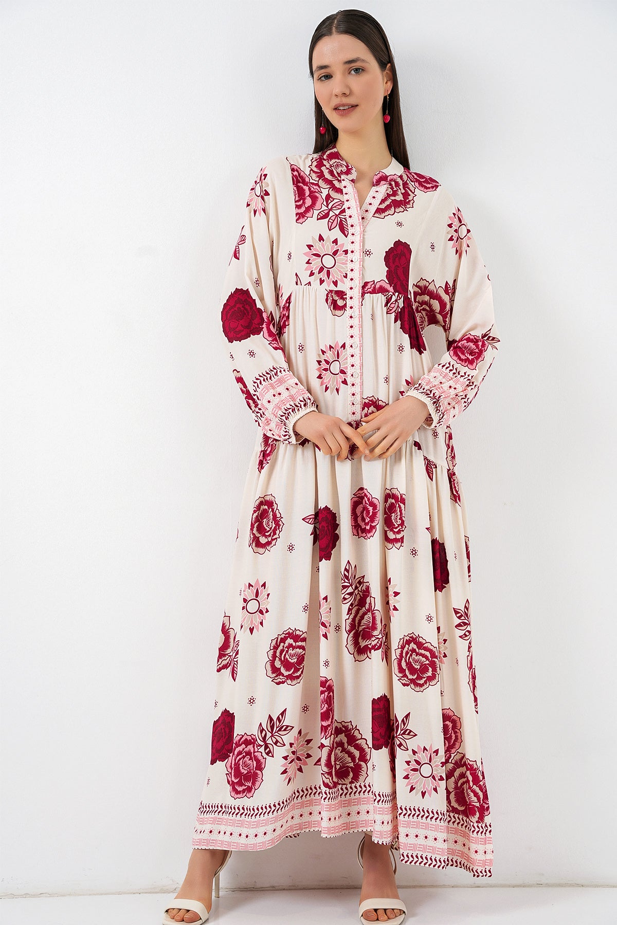 Image of Rochie lungă hijab cu imprimeu pentru femei 2585 - Vișinie 1