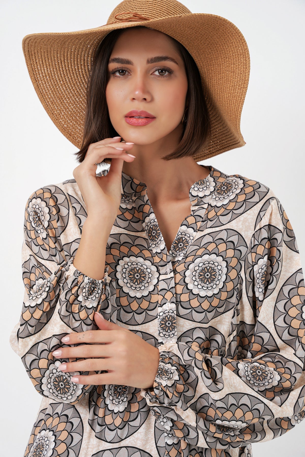 Image of Rochie lungă hijab cu imprimeu pentru femei 2585 - bej C.