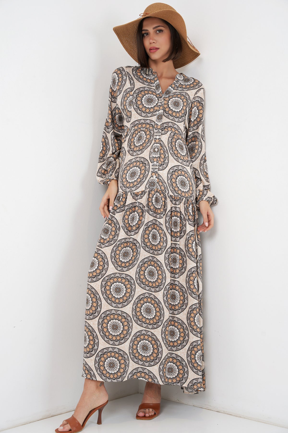 Image of Rochie lungă hijab cu imprimeu pentru femei 2585 - bej C.