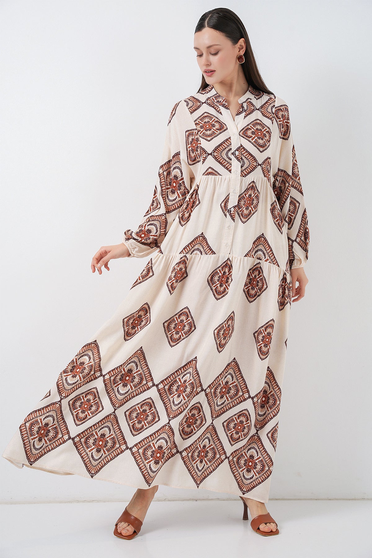 Image of Rochie lungă hijab cu imprimeu pentru femei 2585 - Ecru Maro