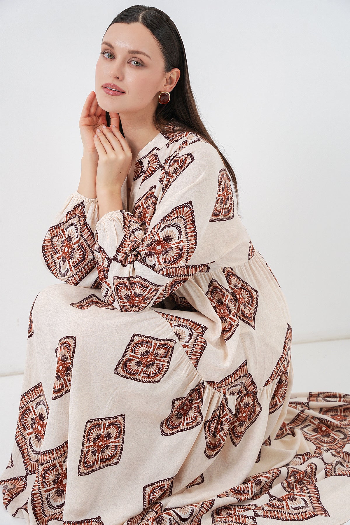 Image of Rochie lungă hijab cu imprimeu pentru femei 2585 - Ecru Maro
